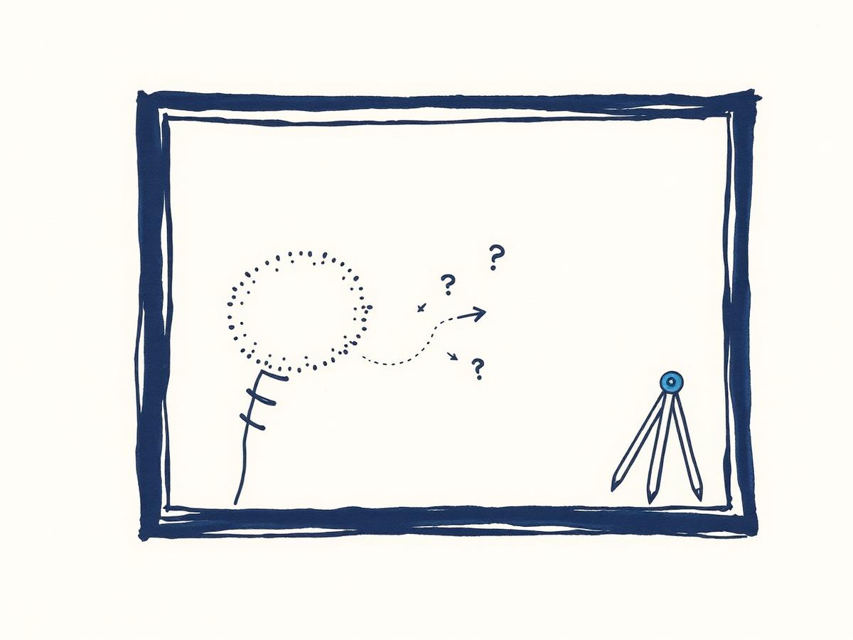 Dotted-line thought bubble evolving into a framed rectangle with a drafting compass — an idea taking shape